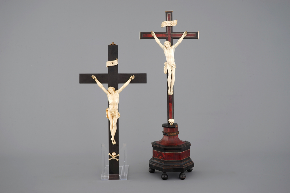 Two carved ivory corpus christi, mounted on ebony and tortoise shell crucifix, 18/19th C.